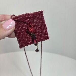 micro Beaded Garnet tiny handmade long necklace purse with rhinestone flap close